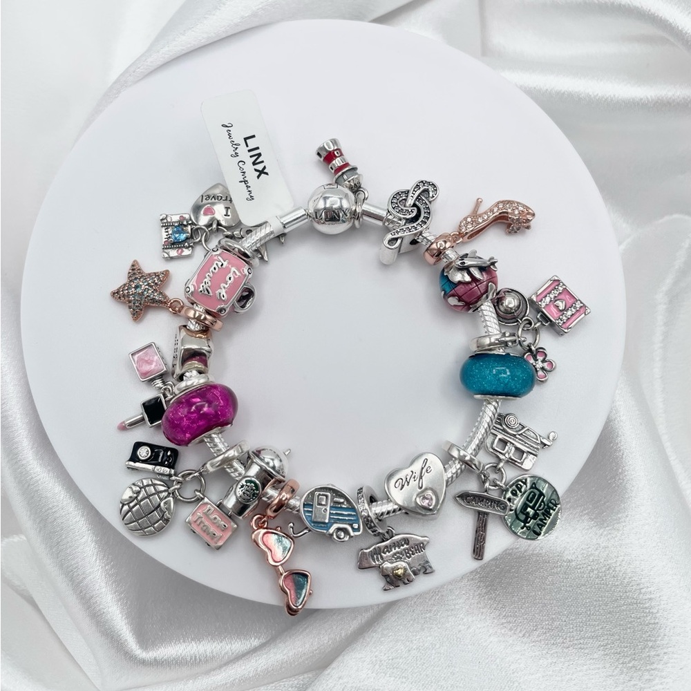 Linx Snake Chain Bracelet with Mom Wife & Travel Themed Charms